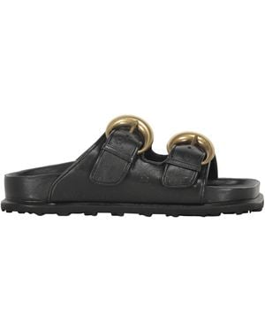 Marine Serre Leather Slides With Logo - Black