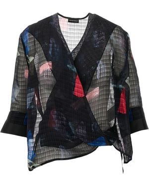 Emporio Armani Silk Blouse With Torchon With Micro Check Motif And Abstract Print - Black