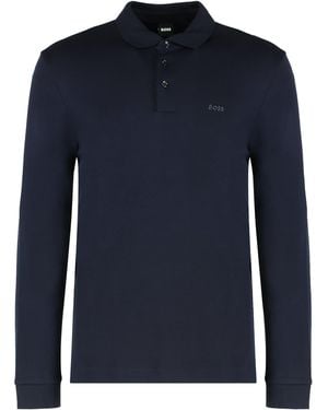BOSS Long Sleeve Cotton Polo Shirt - Blue