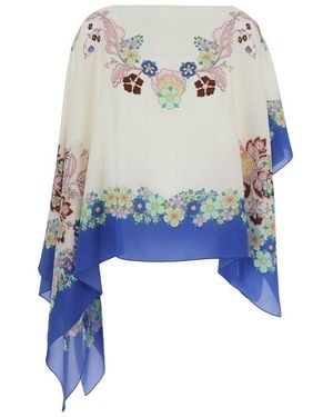 Etro Cape With All-Over Floral Print And Asymmetric Design - Blue