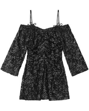 Ganni Off-Shoulder Bow-Pattern Minidress - Black