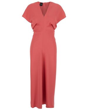 Plain Dress With V Neck And Short Sleeves - Red