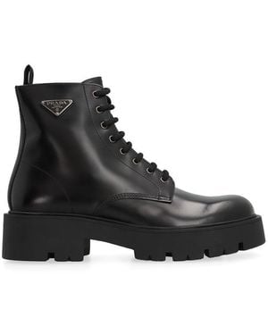 Prada Leather Lace-Up Boots - Black