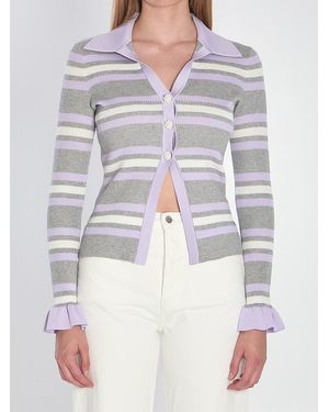 Self-Portrait Striped Knit Top - Gray