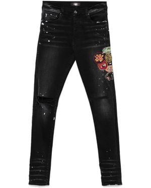 Amiri Slim Fit Distressed Jeans With Colorful Patches - Black