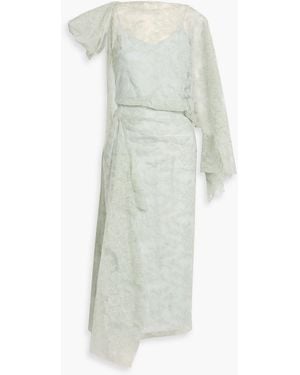 Erdem One-Sleeve Draped Lace Midi Dress - White