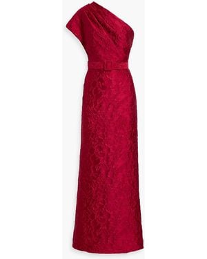 Badgley Mischka One-Shoulder Draped Cloqué Gown - Red