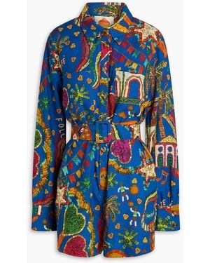 FARM Rio Belted Printed Linen-Blend Playsuit - Blue