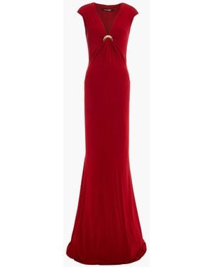 Roberto Cavalli Appliquéd Ruched Stretch-Jersey Maxi Dress - Red