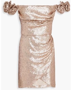 Costarellos Off-The-Shoulder Floral-Appliquéd Sequined Tulle Mini Dress - White