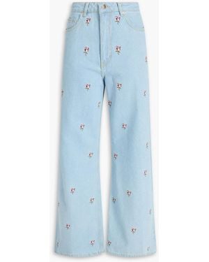 FARM Rio Embroidered High-rise Wide-leg Jeans - Blue