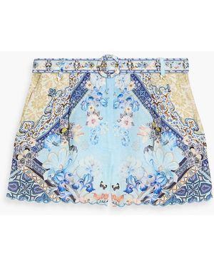CAMILLA Belted Printed Linen Shorts - Blue