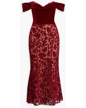 Marchesa Off-The-Shoulder Devoré-Velvet Midi Dress - Red
