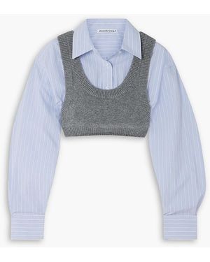 T By Alexander Wang Cropped Layered Wool-blend And Striped Poplin Top - Blue