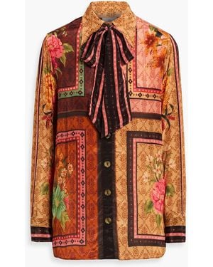 FARM Rio Pussy-Bow Printed Crepe De Chine Shirt - Orange