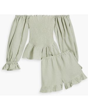 Sleeper Atlanta Off-the-shoulder Ruffled Linen Top And Shorts Set - White