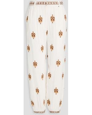FARM Rio Cropped Embroidered Georgette Tapered Trousers - Natural