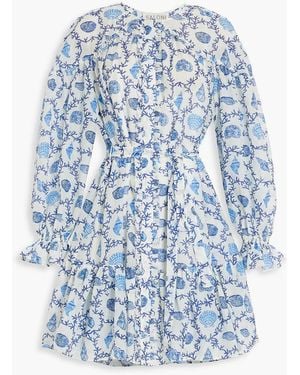 Saloni Pixie Ruffled Printed Cotton And Silk-blend Mini Dress - Blue
