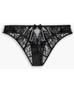 Agent Provocateur Caitriona Crystal-embellished Satin-trimmed Cutout Lace Briefs - Black