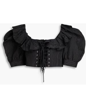 Alessandra Rich Cropped Ruffled Moire Top - Black