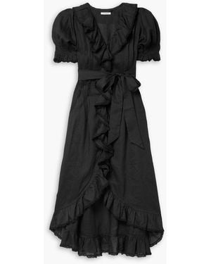 Doen Nanou Belted Ruffled Ramie Midi Dress - Black