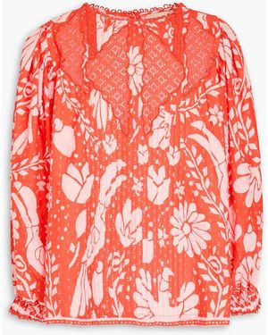 FARM Rio Lace-trimmed Floral-print Swiss-dot Cotton Blouse - Red