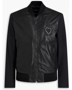 Dolce & Gabbana Embellished Leather And Woven Bomber Jacket - Black