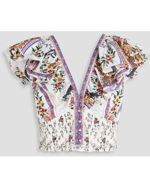 CAMILLA Cropped Embellished Ruffled Floral-Print Cotton Top - Blue