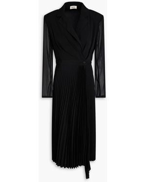 Sandro Pleated Crepe And Chiffon Midi Wrap Dress - Black