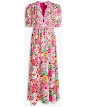 Saloni Tabitha Printed Silk-Jacquard Midi Dress - Pink