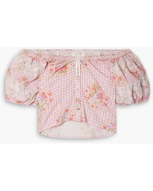 LoveShackFancy Schulterfreies cropped oberteil "izetta" aus baumwoll-seersucker mit floralem print - Pink