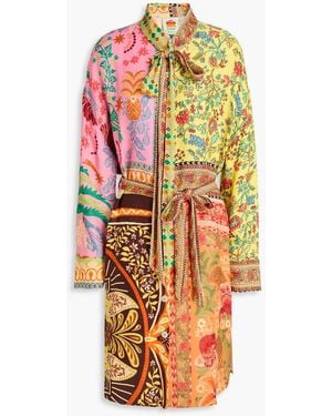 FARM Rio Pussy-bow Floral-print Satin-twill Shirt Dress - Yellow