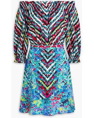 Saloni Grace Off-The-Shoulder Printed Silk Crepe De Chine Dress - Blue