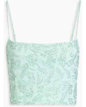 STAUD Fermo Cropped Bead-Embellished Tulle Top - Blue