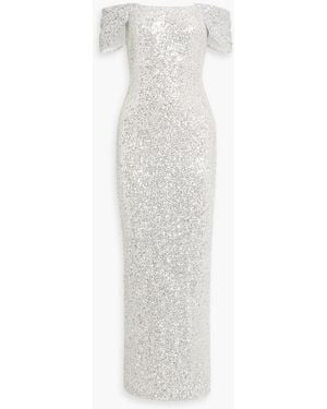 Badgley Mischka Off-The-Shoulder Sequin Embellished Mesh Gown - White