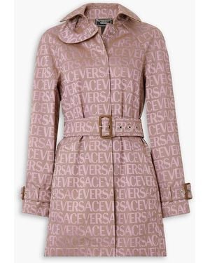 Versace Belted Leather-trimmed Canvas-jacquard Trench Coat - Pink