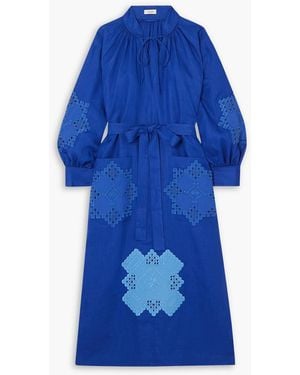 Oroton Belted Appliquéd Linen Midi Dress - Blue