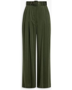Zimmermann Belted Pleated Silk Wide-Leg Trousers - Green
