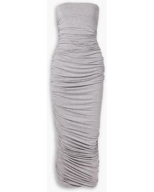 Norma Kamali Diana Strapless Ruched Asymmetric Stretch-Jersey Dress - Gray