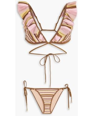 Zimmermann Gestreifter triangel-bikini aus häkelstrick mit -effekt und rüschen - Mettallic