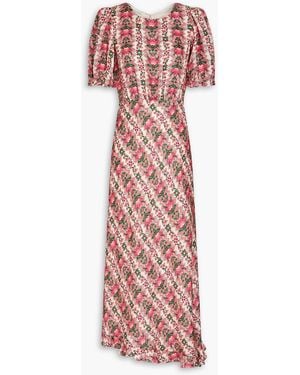 Saloni Vida Floral-Print Silk-Satin Jacquard Midi Dress - Red