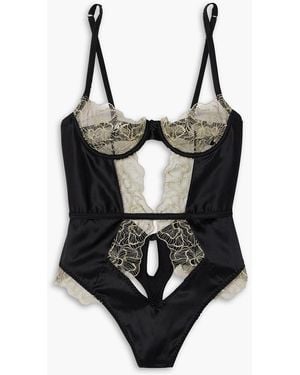 Coco De Mer Damona Leavers Lace-trimmed Cutout Satin Bodysuit - Black