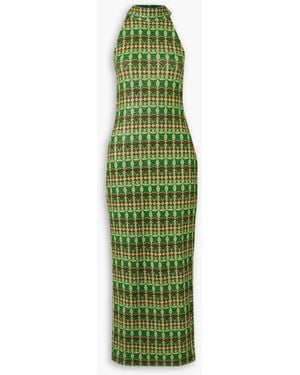‎Dima Ayad Metallic Jacquard-knit Halterneck Maxi Dress - Green
