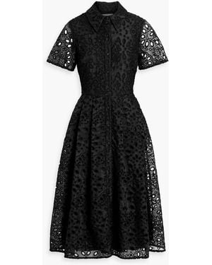 Mikael Aghal Pleated Broderie Anglaise Organza Midi Shirt Dress - Black