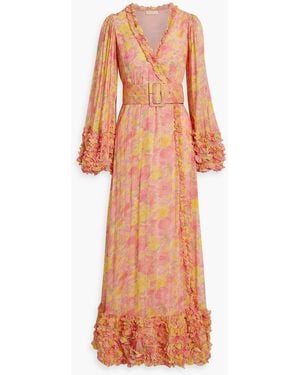 byTiMo Ruffled Floral-print Georgette Maxi Wrap Dress - Orange