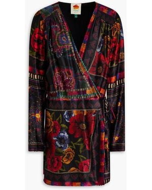FARM Rio Printed Satin Mini Wrap Dress - Black
