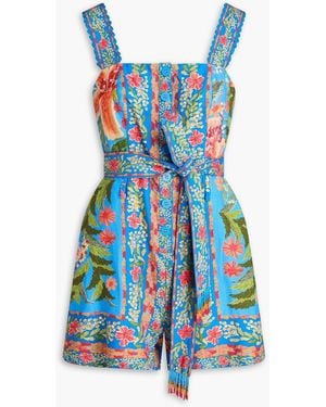 FARM Rio Floral-print Embellished Linen-blend Playsuit - Blue