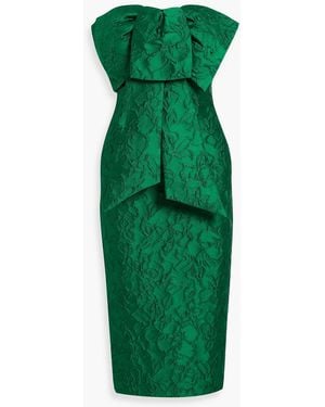 Badgley Mischka Strapless Bow-Detailed Cloqué Midi Dress - Green