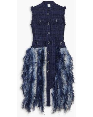 Huishan Zhang Wyatt Crystal-embellished Feather-trimmed Belted Metallic Tweed Midi Dress - Blue
