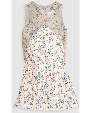 Rabanne Floral-Print Satin-Paneled Chainmail Top - White